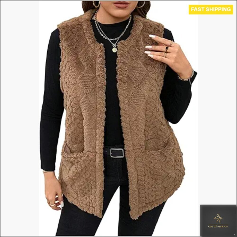 Faux Fur Vest Long Sleeveless Teddy Jacket Open Front Plus Size Chic